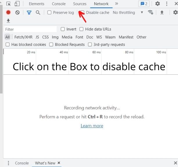 Now the third step is to click on disable cache under the network option