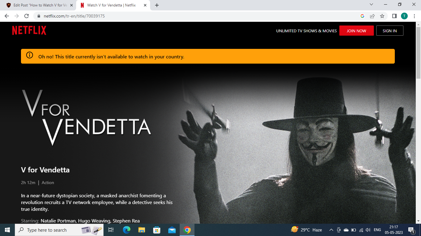 V for Vendetta is not available